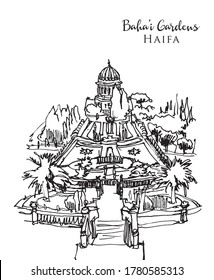 Drawing sketch illustration of the Bahai Gardens surrounding the sacred Bahai Temple overlooking Haifa coast, north of Israel.