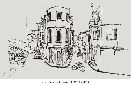 Drawing sketch illustration of Balat district, Istanbul, hand drawn artwork