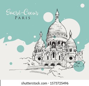 Drawing sketch illustration of the Basilica of the Sacred Heart of Paris in France. Sacre Coeur de Paris