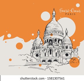 Drawing sketch illustration of the Basilica of the Sacred Heart of Paris in France. Sacre Coeur de Paris