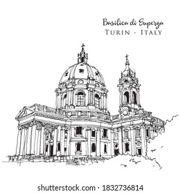 Drawing sketch illustration of the Basilica of Superga, a church in the vicinity of Turin, Italy