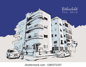 Drawing sketch illustration of the Bauhaus style architecture in Rothschild Boulevard in Tel Aviv, Israel