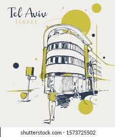 Drawing sketch illustration of Bauhause architecture and street scene in Tel Aviv, Israel