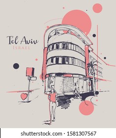 Drawing sketch illustration of Bauhause architecture and street scene in Tel Aviv, Israel