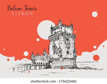 Drawing sketch illustration of Belem Tower in lisbon, Portugal