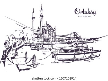 Drawing sketch illustration of Buyuk Mecidiye Mosque or Ortakoy Mosque along the Bosphorus, Istanbul