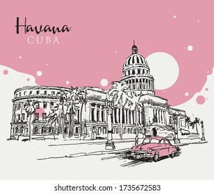 Drawing sketch illustration of the Capitol building or El Capitolio in Havana, the Cuban capital city