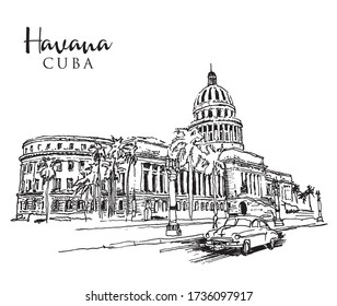 Drawing sketch illustration of the Capitol building or El Capitolio in Havana, the Cuban capital city