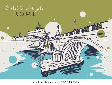 Drawing sketch illustration of Castel Sant'Angelo by Tiber River in Rome, Italy