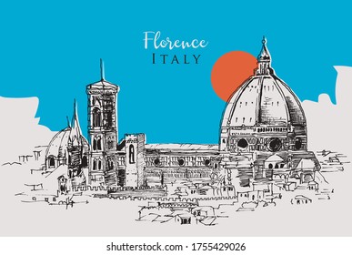 Drawing sketch illustration of the Cathedral of Santa Maria del Fiore in Florence, Italy