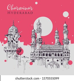 Drawing sketch illustration of Charminar in Hyderabad, India