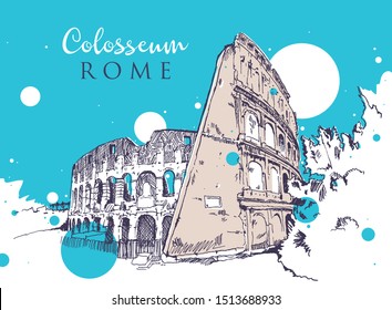 Drawing sketch illustration of the Colosseum, the ancient Roman arena, the most symbolic landmark of Rome, Italy.