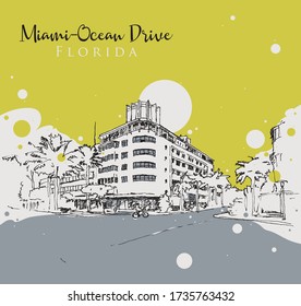 Drawing sketch illustration of a corner in Ocean Drive in Miami, Florida, USA