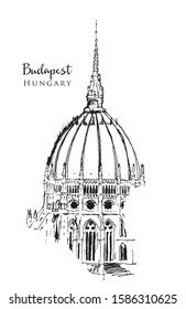 Drawing sketch illustration of the dome of Hungarian Parliament building in Budapest