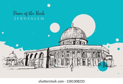 Drawing sketch illustration of Dome of the Rock, the holy shrine in Jerusalem