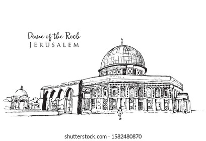Drawing sketch illustration of Dome of the Rock, the holy shrine in Jerusalem