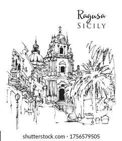 Drawing sketch illustration of Duomo of San Giorgio in Ragusa Ibla, Sicily, Italy