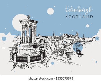 Drawing sketch illustration of Edinburgh city of Scotland, view from Carlton Hill towards Edinburgh Castle