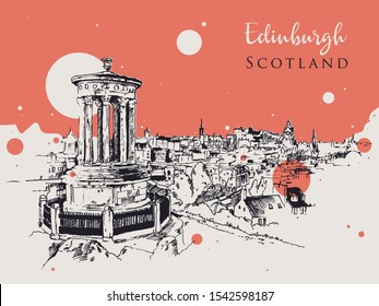 Drawing sketch illustration of Edinburgh city of Scotland, view from Carlton Hill towards Edinburgh Castle