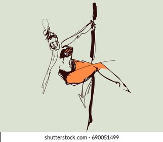 Drawing sketch. Illustration element of a young woman serving on the pylon Ink, pencil