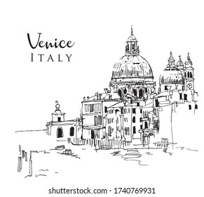 Drawing sketch illustration of the famous canals and the dome of the Basilica Santa Maria della Salute in Venice, Italy