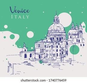 Drawing sketch illustration of the famous canals and the dome of the Basilica Santa Maria della Salute in Venice, Italy