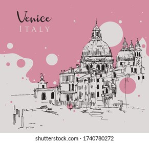 Drawing sketch illustration of the famous canals and the dome of the Basilica Santa Maria della Salute in Venice, Italy