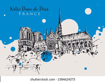 Drawing sketch illustration of the famous gothic cathderal of Notre Dame de Paris, France