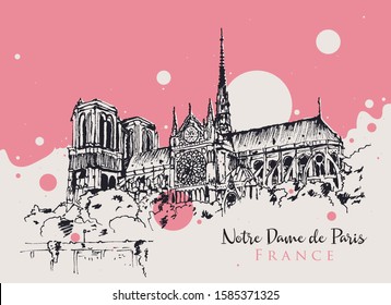 Drawing sketch illustration of the famous gothic cathderal of Notre Dame de Paris, France