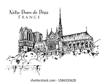 Drawing sketch illustration of the famous gothic cathderal of Notre Dame de Paris, France