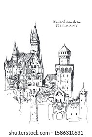 Drawing sketch illustration of the Famous Neuschwanstein Castle in Bavaria, Germany