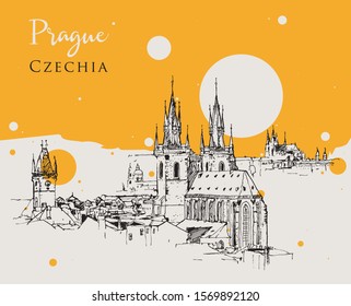 Drawing sketch illustration of the famous Tyn Church in Prague, the capital of Czechia.