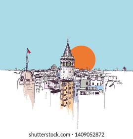 Drawing sketch illustration of the Galata Tower and Galata district of Beyoglu, Istanbul