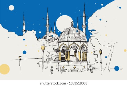 Drawing sketch illustration of the German Fountain and the Blue Mosque or Sultanahmet Mosque, Istanbul
