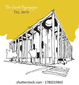 Drawing sketch illustration of the Great Synagogue at Allenby Street, Tel Aviv, Israel. The temple reflects the modernist bauhaus identity of the city.