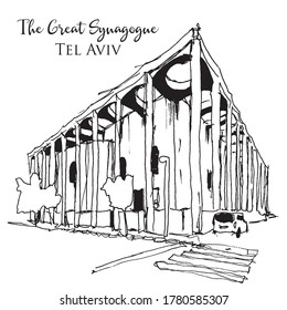 Drawing sketch illustration of the Great Synagogue at Allenby Street, Tel Aviv, Israel. The temple reflects the modernist bauhaus identity of the city.