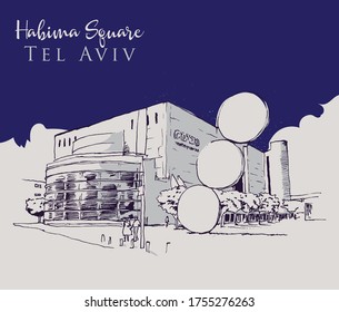 Drawing sketch illustration of Habima Square in tel Aviv, Israel