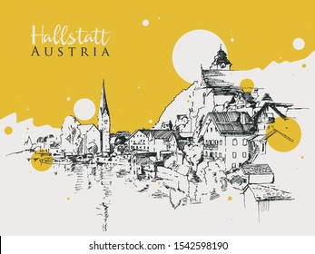 Drawing sketch illustration of Hallstatt village in Austria