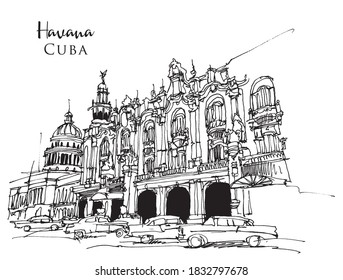 Drawing sketch illustration of Havana, the capital city of Cuba