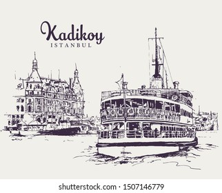 Drawing sketch illustration of Haydarpasa Dock and a ferry on the coast of the Bosphorus in Kadikoy, Istanbul.