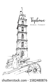 Drawing sketch illustration of the historical Ottoman Clock Tower in Tophane district of Bursa, Turkey.