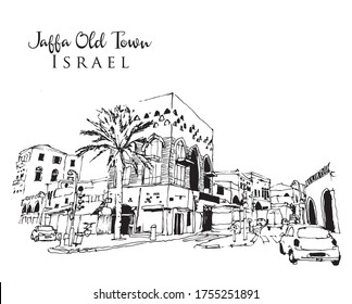 Drawing sketch illustration of Jaffa old Town near Tel Aviv, Israel