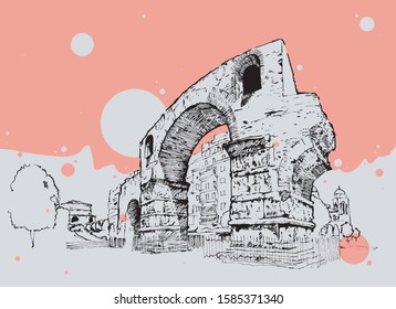 Drawing sketch illustration of the Kamara or Arch of Galerius in Thessaloniki, Greece