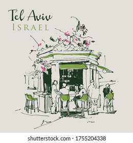 Drawing sketch illustration of a kiosk cafe in Tel Aviv, Israel