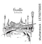 Drawing sketch illustration of La Plaza de Espana in Seville, Spain