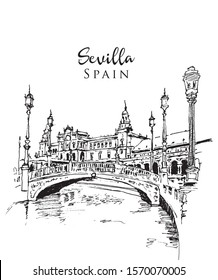 Drawing sketch illustration of La Plaza de Espana in Seville, Spain