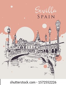 Drawing sketch illustration of La Plaza de Espana in Seville, Spain