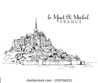 Drawing sketch illustration of le Mont Saint Michel in Normandy, France
