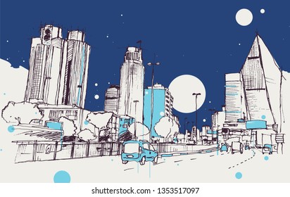 Drawing sketch illustration of Levent district with business towers and cars in traffic, Istanbul
