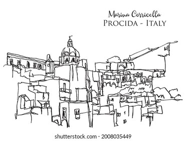 Drawing sketch illustration of Marina Corricella in Procida, Italy